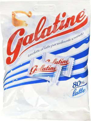 A bag of Galatine milk candies with two individual candies visible.