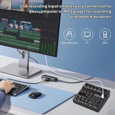 Produktbild von Audiomixer 6-Kanal-Mischpult mit 256 Effekten 48-V-Phantomspeisung für Heimstudio-Aufnahmen DJ-Netzwerk Live-Übertragung Typ-C-Versorgung BT MP3 USB-Eingang Tragbares Sound-Streaming