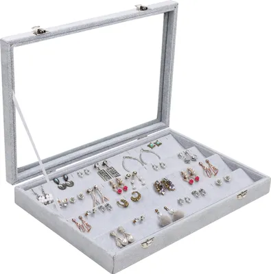 Produktbild von Belle Vous Jewelry Organizer Ohrringe Schmuckkasten Grau, Samt Box Deckel & 40 Schlitze – Schmuckaufbewahrung 4 Ebenen Schmuckschatulle mit