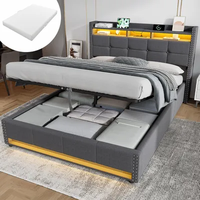 Obrázek produktu pro Postel pro mládež okwish, rozměry 140x200 cm, s matrací a úložným prostorem, čalouněná postel s úložnými prostory v čele a LED osvětlením, jednolůžko s úložným prostorem, barva: šedá