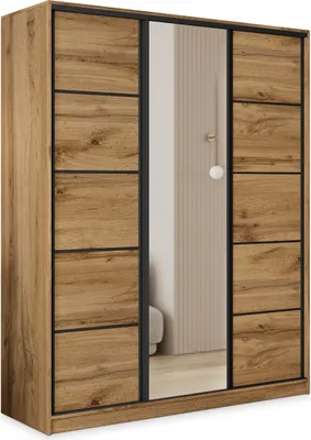 Produktbild von Masseno Schiebetürenschrank PINA 160/205/58 cm Kleiderschrank mit 4 Schubladen Schlafzimmer Schrank 3-türig mit Spiegel Eiche Wotan