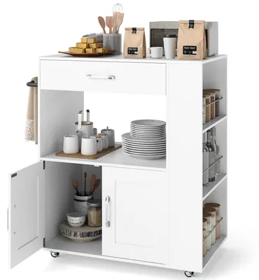 Produktbild von KOMFOTTEU Küchenwagen mit Arbeitsplatte, Servierwagen auf Rollen, Kücheninseln mit 3 Gewürzregale, Küchentrolley mit offener Ablagefach & Schublade, Rollwagen 82x46x92cm (Weiß+Holzmaserung)