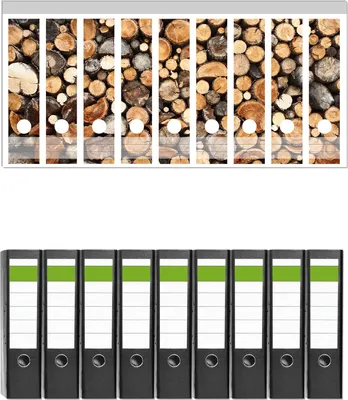 Produktbild von Wallario 9 Stück breite Ordner inkl. Klebeetiketten mit Motive Dunkler Holzstapel rund -  Set mit Rückenschildern / Ordnerrücken Stickern