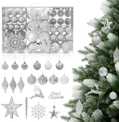 Produktbild von YZNAHRE Weihnachtskugeln Silber 108er Set Christbaumschmuck Weihnachtsdeko Plastik inkl. Christbaumkugeln, Stern, Reh Schneeflocke Weihnachtsdekoration Weihnachtsschmuck