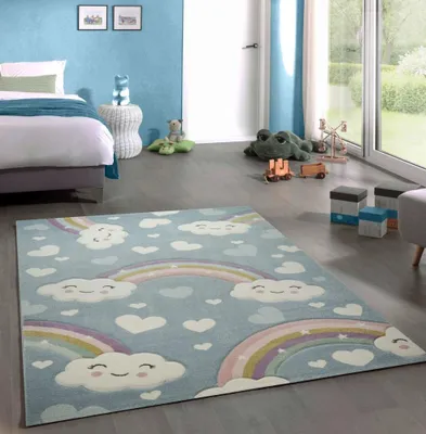 Produktbild von Kinderteppich Kinderzimmerteppich Babyteppich Regenbogen und Wolken blau Größe - 140x200 cm