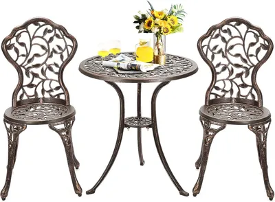 Produktbild von 3-teiliges Balkonset aus Aluminium im Retro-Stil mit Bistrotisch und 2 Stühlen, Gartensitzgruppe für Balkon, Terrasse und Garten, 60,5 x 60,5 x 65 cm, Bronze