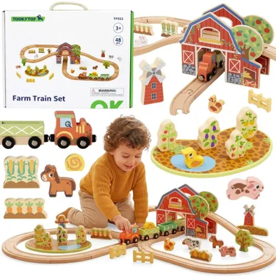 Produktbild von Tooky Toy Holzeisenbahn-Set „Bauernhof“, 48-teilig