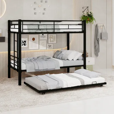 Produktbild von Dreifach-Etagenbett 90x190 cm aus pulverbeschichtetem Stahl, teilbar in zwei Betten, mit Sicherheitsgeländern und Leiter