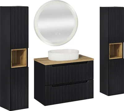 Produktbild von Badmöbel Set 4-teilig, 80cm Waschtisch & LED-Spiegel, in schwarz mit Eiche, gerillte Front, NEWPORT-56-BLACK