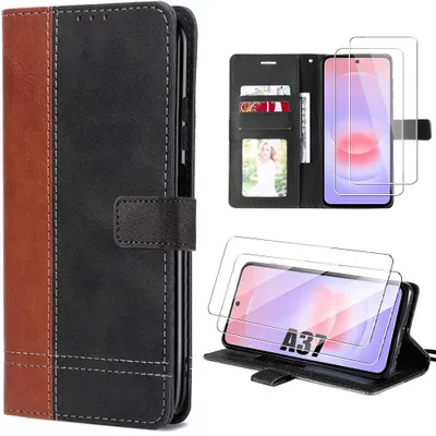 Image de Coque + 2 Verres Trempés pour Samsung Galaxy A37 5G, Antichoc Anti-Rayures Synthécuir Marron