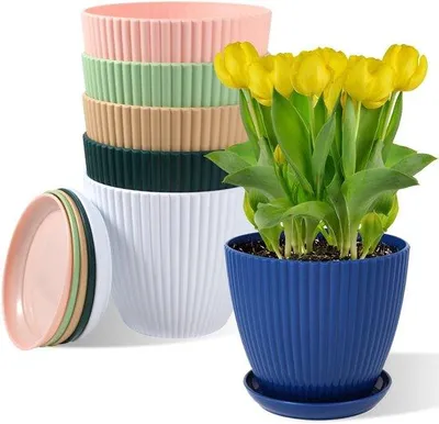 Produktbild von Unyqoos® 6er-Set bunte Kunststoff-Blumentöpfe Ø 17,8 cm mit Abflussloch & Untersetzern – für Blumen, Kräuter & Sukkulenten, Indoor/Outdoor