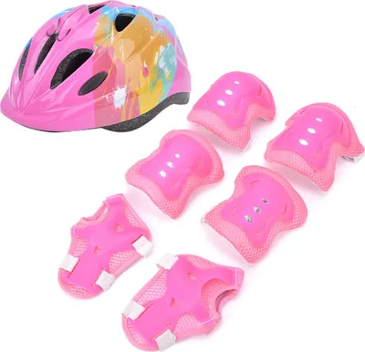 Image de Ensemble de protection pour vélo et patins à roulettes pour enfants, 7 pièces, casque de sécurité, genouillères, coudières et protège-poignets, rose, multicolore