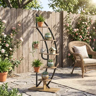 Image de Support pour plantes Zerbaco, en bois, courbé, 8 niveaux, en forme de demi-lune, avec crochets, couleur naturelle