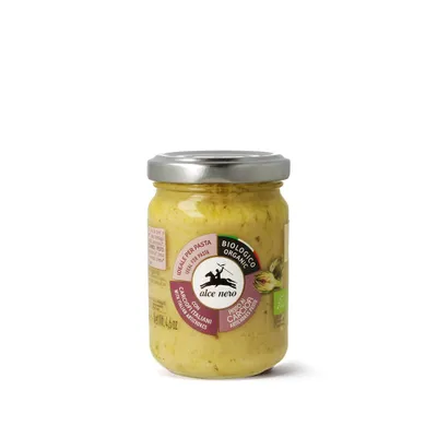 Produktbild von Alce Nero Paté mit Artischocken 130 g, Pesto Soße, 130 g, Behälter, Artischocken* (70%), Sonnenblumenöl*, natives Olivenöl extra*, Zitronensaft *, Salz,..., 238 kJ, 982 kcal