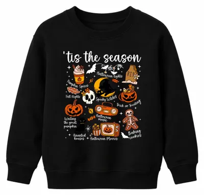 Immagine prodotto di Felpa con cappuccio a tema Halloween, con immagini di zucche, fantasmi, streghe, scheletri e bambini, colore nero, taglia 116
