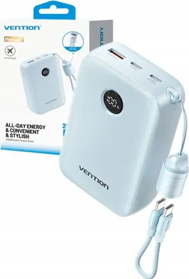 Image de Batterie externe Vention 20 000 mAh, 2 ports USB-C, 1 port USB-A avec écran, 22,5 W, bleue