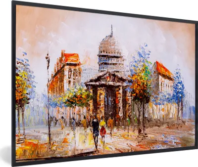Produktbild von MuchoWow® Gerahmtes Poster Gemälde - Stadt - Öl 90x60 cm - Poster mit Schwarzem Bilderrahmen Wandposter Rahmen Foto Bilder - Fotorahmen - Foto-Plakat