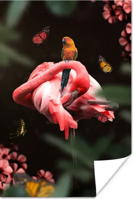 Produktbild von MuchoWow® Poster Dschungel - Flamingo - Papagei - Schmetterling 120x180 cm - Kunstposter