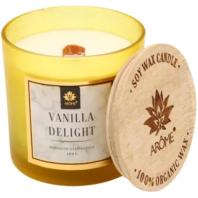 Produktbild von Duftkerze Vanille Köstlichkeit mit Holzdocht und knackendem Geräusch im Glas mit Holzdeckel