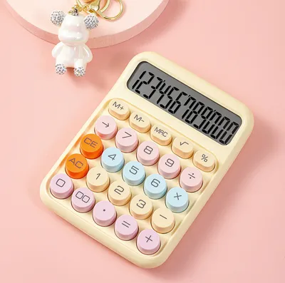 Zdjęcie produktu dla Mechanical Calculator 12 Digit Large LCD Display Big Round Button Cute Candy Colored Calculator Suitable for Office School Home for Kids Students Accountant - Yellow