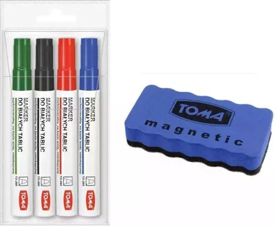 Zdjęcie produktu dla Marker suchościeralny 4 kolory ze ścierakiem do tablic