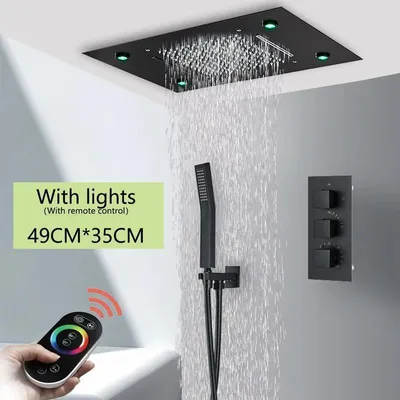 Produktbild von Deckendusche - Regendusche Duschkopf mit LED - 36 x 50 cm - 304 Edelstahl - LED-Beleuchtung mit Fernbedienung - Einhebelarmatur - Gebürstet Schwarz