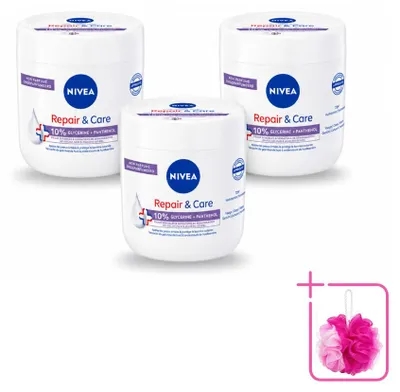 Zdjęcie produktu dla 3 opakowania kremu do ciała NIVEA Repair & Care dla skóry wrażliwej - z 10% gliceryny i pantenolu - 400 ml - zestaw ekonomiczny - 3 sztuki