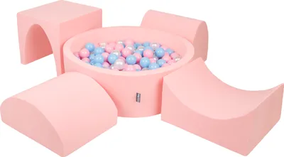 Produktbild von KiddyMoon spielplatz aus schaumstoff mit rund bällebad (300 bälle) ballgruben für babys spielbad hindernisläufen, hergestellt in der eu, pink:babyblue/puderrosa/perle