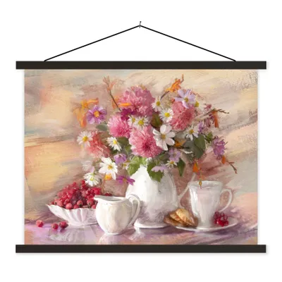 Produktbild von MuchoWow® Textilposter Gemälde - Blumen - Vase - Ölfarbe 150x113 cm mit holzfarbenen Rahmen - Poster