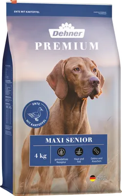 Produktbild von Dehner Premium Hundefutter Maxi Senior, Trockenfutter getreidefrei, für ältere Hunde großer Rassen, Ente / Lamm / Kartoffel, 4 kg