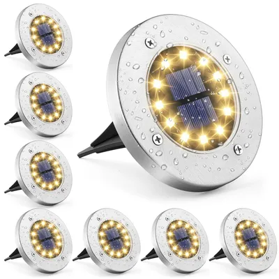Solar-Bodenleuchten, 8 Stück, 12 LEDs, Edelstahl, IP44, warmweiß