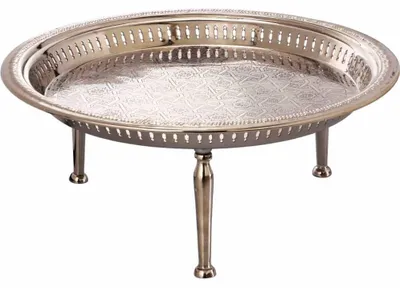 Produktbild von Orientalisches rundes Tablett Schale aus Metall Atay 50cm groß Silber | Orient Dekoschale mit hoher Rand | Marokkanisches Serviertablett Rund | Orientalische goldene Deko auf dem gedeckten Tisch