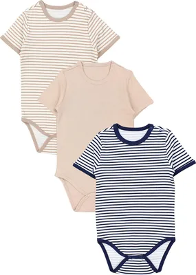 Produktbild von TupTam Kinder Uni Kurzarm Body Baumwolle 3er Set , Farbe: Streifen Mix Lightbeige Dunkelblau Beige Uni, Größe: 104