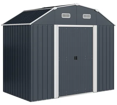 Obrázok produktu pre Záhradná chata – Odolný plast – Tmavosivá farba – Dvere s oknami – Rozmery: 238 x 132 x 198,5 cm