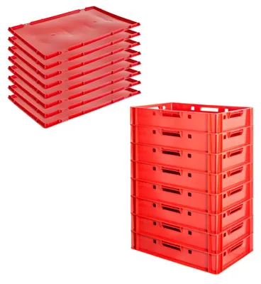 Produktbild von Fleischkiste E1 mit Deckeln Rot Kiste Eurobox Lebensmittelecht 60 x 40 Metzgerkiste Auswahl Stapelbar Kingpower, Anzahl:8