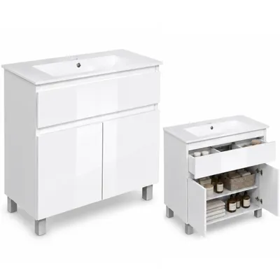 Produktbild von Waschbecken mit Unterschrank Badmöbel MDF 80 Gäste WC Schublade Regale Sink Türen Toilette Weiß Ariza Badunterschrank Hochglanz Badzimmermöbelset