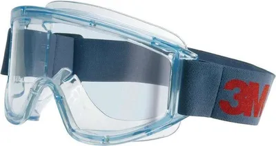 A pair of clear safety goggles with a blue strap and red branding.