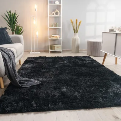 Produktbild von Hochflor Teppich Shaggy waschbar Unifarben Schlafzimmer schmutzabweisend Schwarz Rechteckig 140x200 | 100% Polyester | Florhöhe: 33 mm | pflegeleicht