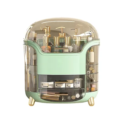 Produktbild von Make-Up Organizer mit Deckel Schubladen Grosse Kapazität, 9 Fächer, Drehbar Cosmetic Organizer Schminktisch Für Lippenstifte, Cremes, Make-Up, Grün