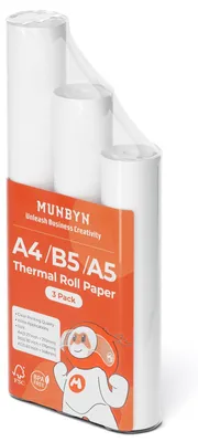 Produktbild von MUNBYN 3 Rollen Thermopapier A4+A5+B5 für ITP01/ ITP04, Thermopapier A4, kompatibel mit Thermodrucker, Weiß