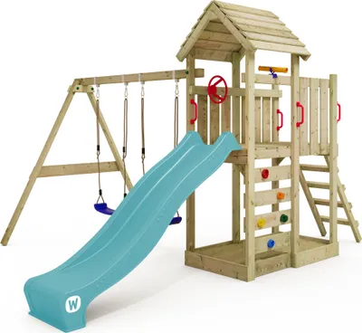 Produktbild von Spielturm Wickey MultiFlyer mit Holzdach und Schaukel in Türkisblau