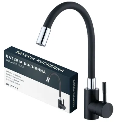 A black kitchen faucet with a flexible hose and a product box.