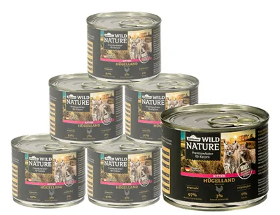 Produktbild von Dehner Wild Nature Katzenfutter Hügelland Kitten, Nassfutter getreidefrei / zuckerfrei, für junge Katzen, Huhn, 6 x 200 g Dose (1.2 kg)