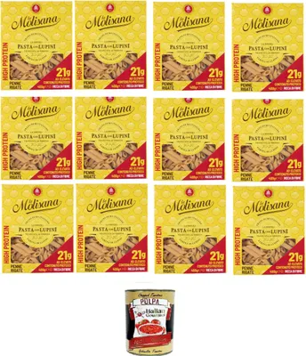 Produktbild von La Molisana, Penne rigate mit Lupinen, Protein-Tagliatelle mit Lupinenmehl und italienischem Hartweizengrieß - bronzegezogen,12x400gr + Italian gourmet polpa 400g