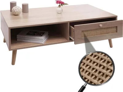 Produktbild von Couchtisch MCW-M39, Wohnzimmertisch Beistelltisch Sofatisch, Schublade Kubu Rattan Holz Melamin, 37x110x59cm Eiche-Optik