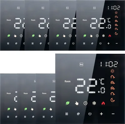 A collage of digital thermostat displays showing temperature and time.