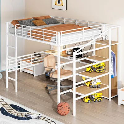Image de OKWISH Lit mezzanine 140x200 cm Avec Bureau et Marches de Rangement, Sans Matelas, Blanc