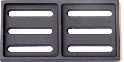 A dark gray, rectangular grate with six horizontal slots is shown against a white background.