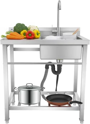Produktbild von Freistehende Edelstahl-Küchenspüle mit Ablage – 80x55x84cm, Spültisch mit Arbeitsfläche, 360° Wasserhahn und Abflussrohr, Gastro Spüle für Küche, Restaurant, Garten, Waschküche und Camping (Rechte Spüle)