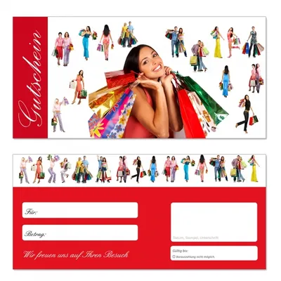 Produktbild von 50 Stück Geschenkgutscheine (Einkauf-634) - Gutscheinkarten Gutscheine für Handelsbereiche aller Art (Shopping, Bekleidung, Spielwaren, Schuhe, Taschen, Schmuck, Kosmetik ...)